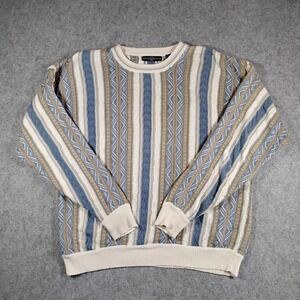 Cape Isle Knitters Mens‎ Large Blue Cream Striped Textured Cotton Sweater